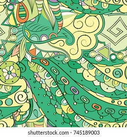 Tracery seamless pattern. Mehndi design. Ethnic colorful doodle texture. Curved doodling background. Vector
