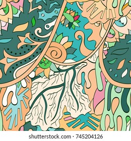 Tracery seamless pattern. Mehndi design. Ethnic colorful doodle texture. Curved doodling background. Vector