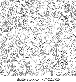Tracery seamless pattern. Mehndi design. Ethnic monochrome binary doodle texture. Curved doodling black and white background. Vector