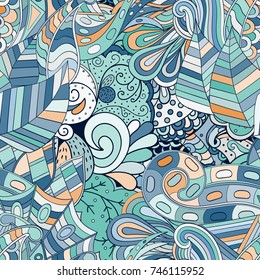 Tracery seamless pattern. Mehndi design. Ethnic colorful doodle texture. Curved doodling background. Vector
