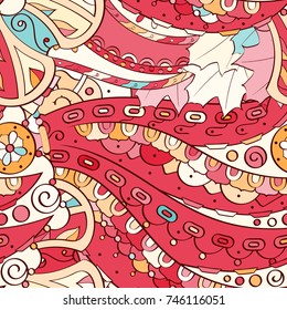 Tracery seamless pattern. Mehndi design. Ethnic colorful doodle texture. Curved doodling background. Vector
