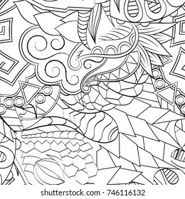 Tracery seamless pattern. Mehndi design. Ethnic monochrome binary doodle texture. Curved doodling black and white background. Vector