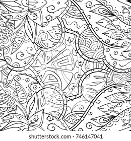Tracery seamless pattern. Mehndi design. Ethnic monochrome binary doodle texture. Curved doodling black and white background. Vector