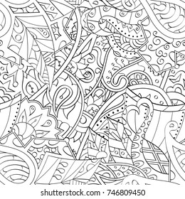 Tracery seamless pattern. Mehndi design. Ethnic monochrome binary doodle texture. Curved doodling black and white background. Vector