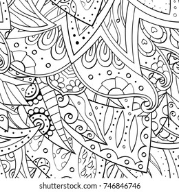 Tracery seamless pattern. Mehndi design. Ethnic monochrome binary doodle texture. Curved doodling black and white background. Vector