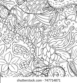 Tracery seamless pattern. Mehndi design. Ethnic monochrome binary doodle texture. Curved doodling black and white background. Vector