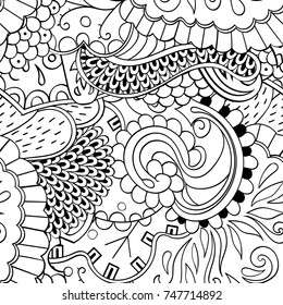 Tracery seamless pattern. Mehndi design. Ethnic monochrome binary doodle texture. Curved doodling black and white background. Vector