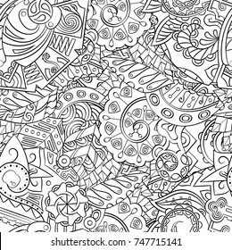 Tracery seamless pattern. Mehndi design. Ethnic monochrome binary doodle texture. Curved doodling black and white background. Vector