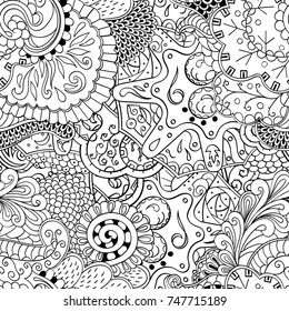 Tracery seamless pattern. Mehndi design. Ethnic monochrome binary doodle texture. Curved doodling black and white background. Vector