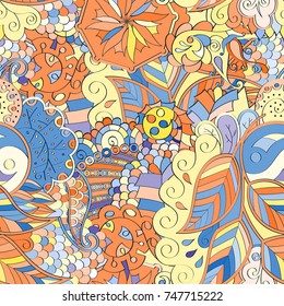 Tracery seamless pattern. Mehndi design. Ethnic colorful doodle texture. Curved doodling background. Vector