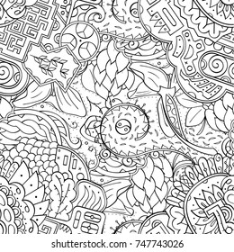Tracery seamless pattern. Mehndi design. Ethnic monochrome binary doodle texture. Curved doodling black and white background. Vector