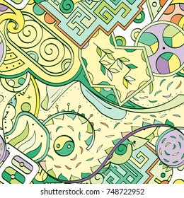 Tracery seamless pattern. Mehndi design. Ethnic colorful doodle texture. Curved doodling background. Vector