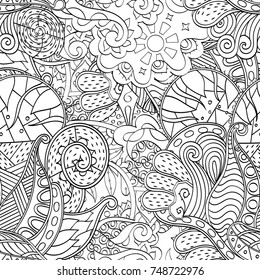 Tracery seamless pattern. Mehndi design. Ethnic monochrome binary doodle texture. Curved doodling black and white background. Vector