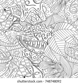 Tracery seamless pattern. Mehndi design. Ethnic monochrome binary doodle texture. Curved doodling black and white background. Vector