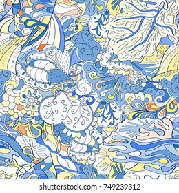 Tracery seamless pattern. Mehndi design. Ethnic colorful doodle texture. Curved doodling background. Vector