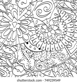 Tracery seamless pattern. Mehndi design. Ethnic monochrome binary doodle texture. Curved doodling black and white background. Vector