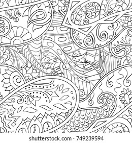 Tracery seamless pattern. Mehndi design. Ethnic monochrome binary doodle texture. Curved doodling black and white background. Vector