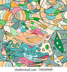 Tracery seamless pattern. Mehndi design. Ethnic colorful doodle texture. Curved doodling background. Vector