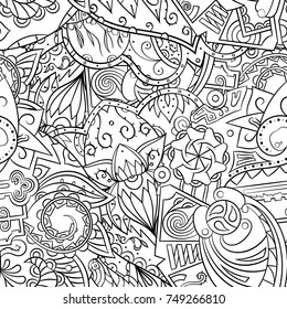 Tracery seamless pattern. Mehndi design. Ethnic monochrome binary doodle texture. Curved doodling black and white background. Vector