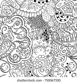 Tracery seamless pattern. Mehndi design. Ethnic monochrome binary doodle texture. Curved doodling black and white background. Vector
