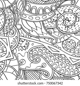 Tracery seamless pattern. Mehndi design. Ethnic monochrome binary doodle texture. Curved doodling black and white background. Vector