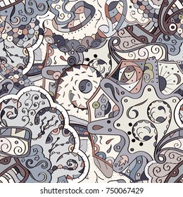 Tracery seamless pattern. Mehndi design. Ethnic colorful doodle texture. Curved doodling background. Vector