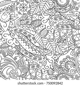 Tracery seamless pattern. Mehndi design. Ethnic monochrome binary doodle texture. Curved doodling black and white background. Vector