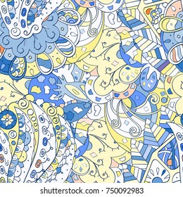 Tracery seamless pattern. Mehndi design. Ethnic colorful doodle texture. Curved doodling background. Vector
