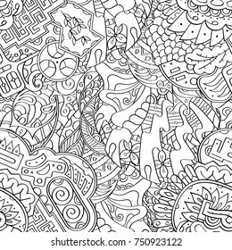 Tracery seamless pattern. Mehndi design. Ethnic monochrome binary doodle texture. Curved doodling black and white background. Vector