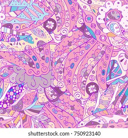 Tracery seamless pattern. Mehndi design. Ethnic colorful doodle texture. Curved doodling background. Vector