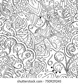 Tracery seamless pattern. Mehndi design. Ethnic monochrome binary doodle texture. Curved doodling black and white background. Vector