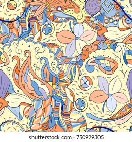 Tracery seamless pattern. Mehndi design. Ethnic colorful doodle texture. Curved doodling background. Vector