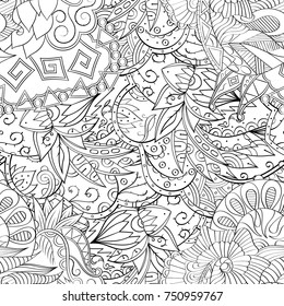 Tracery seamless pattern. Mehndi design. Ethnic monochrome binary doodle texture. Curved doodling black and white background. Vector
