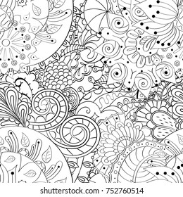 Tracery seamless pattern. Mehndi design. Ethnic monochrome binary doodle texture. Curved doodling black and white background. Vector