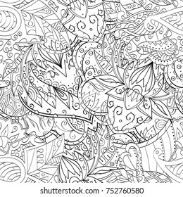 Tracery seamless pattern. Mehndi design. Ethnic monochrome binary doodle texture. Curved doodling black and white background. Vector