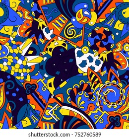 Tracery seamless pattern. Mehndi design. Ethnic colorful doodle texture. Curved doodling background. Vector