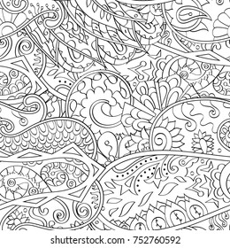 Tracery seamless pattern. Mehndi design. Ethnic monochrome binary doodle texture. Curved doodling black and white background. Vector