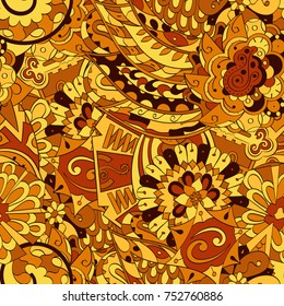 Tracery seamless pattern. Mehndi design. Ethnic colorful doodle texture. Curved doodling background. Vector
