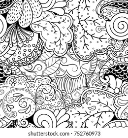 Tracery seamless pattern. Mehndi design. Ethnic monochrome binary doodle texture. Curved doodling black and white background. Vector