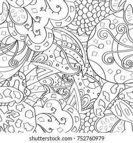 Tracery seamless pattern. Mehndi design. Ethnic monochrome binary doodle texture. Curved doodling black and white background. Vector