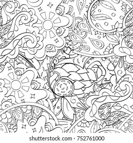 Tracery seamless pattern. Mehndi design. Ethnic monochrome binary doodle texture. Curved doodling black and white background. Vector