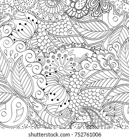 Tracery seamless pattern. Mehndi design. Ethnic monochrome binary doodle texture. Curved doodling black and white background. Vector