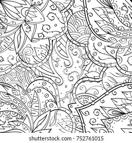 Tracery seamless pattern. Mehndi design. Ethnic monochrome binary doodle texture. Curved doodling black and white background. Vector