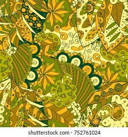 Tracery seamless pattern. Mehndi design. Ethnic colorful doodle texture. Curved doodling background. Vector