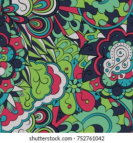 Tracery seamless pattern. Mehndi design. Ethnic colorful doodle texture. Curved doodling background. Vector