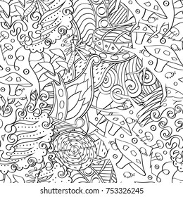 Tracery seamless pattern. Mehndi design. Ethnic monochrome binary doodle texture. Curved doodling black and white background. Vector