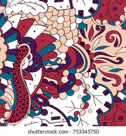 Tracery seamless pattern. Mehndi design. Ethnic colorful doodle texture. Curved doodling background. Vector
