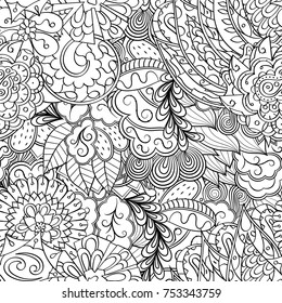 Tracery seamless pattern. Mehndi design. Ethnic monochrome binary doodle texture. Curved doodling black and white background. Vector