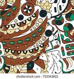 Tracery seamless pattern. Mehndi design. Ethnic colorful doodle texture. Curved doodling background. Vector