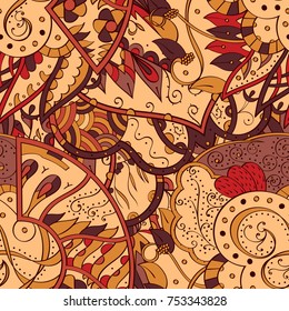 Tracery seamless pattern. Mehndi design. Ethnic colorful doodle texture. Curved doodling background. Vector
